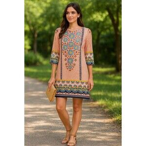 Versona Mosaic Print Dress M | Lined Geometric Boho Tunic 3/4 Sleeve Orange Blue